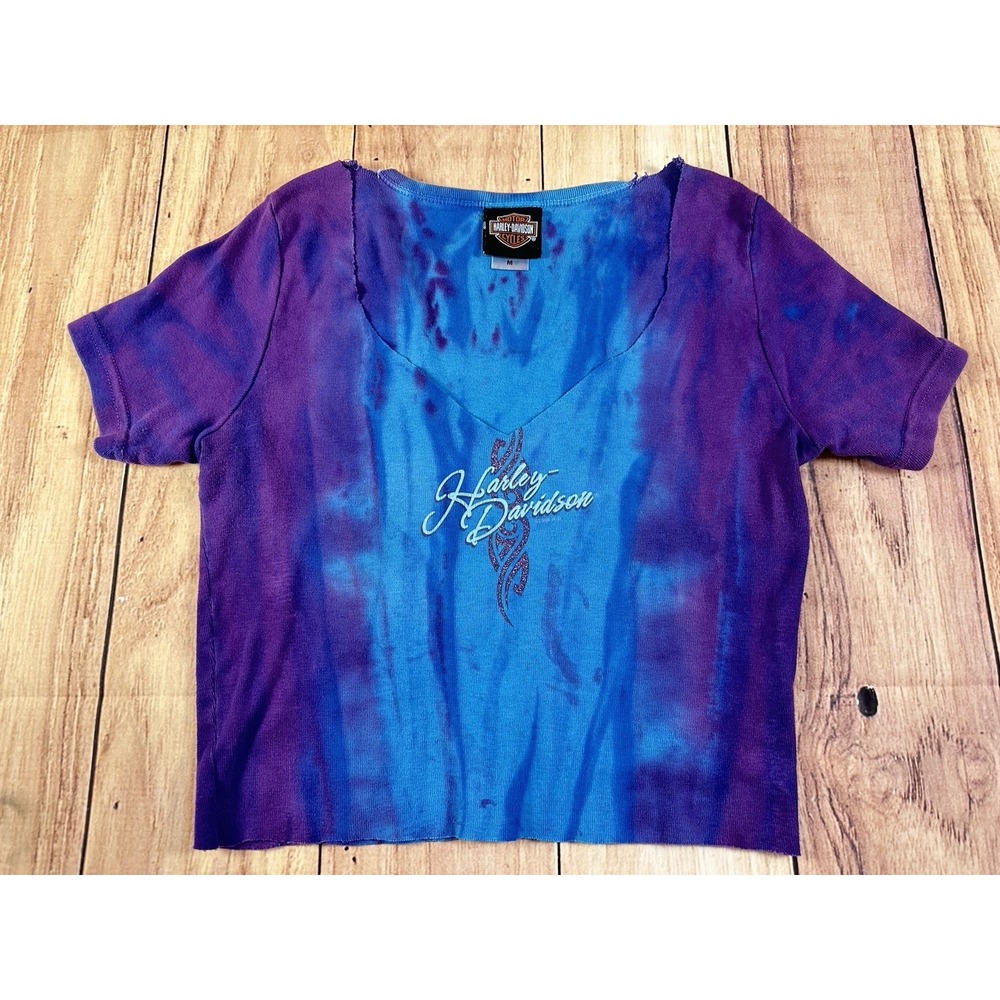 VTG Harley Davidson TShirt Women Blue Tie Dye V-Neck Short Sleeve Motorcycle MED